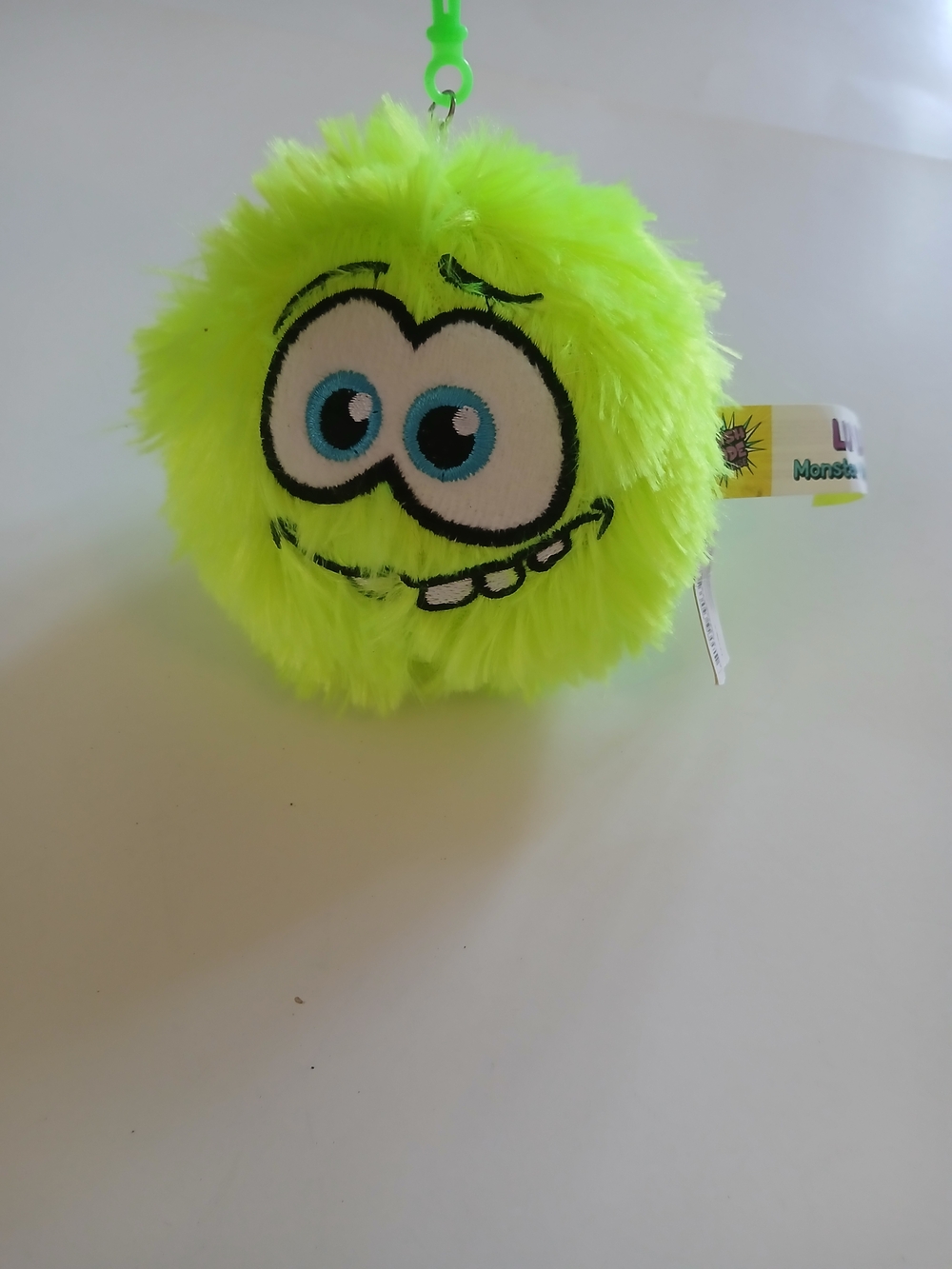 Vintange Neon Green Furry Monster Plush Keychain - Cute Smiling Face